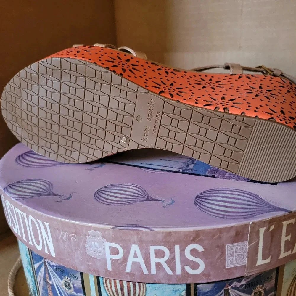Kate Spade Wedge Sandal Heel / Tan & Orange / Size 9.5 / New In Box
